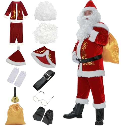 YNQFZ Weihnachtsmann Kostüm Deluxe Rotes Nikolauskostüm Erwachsenenkostüm 12-Teilig für Männer ideal für Weihnachten und Cosplay (L) von YNQFZ