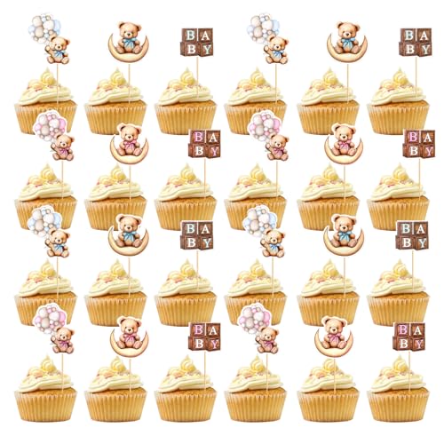 24 Stück blau-rosa Bären-Kuchenaufsätze, Bären-Kucheneinsatz, Bären-Cupcake-Topper für Geschlechtsoffenbarung, Babyparty-Dekorationen, Kindergeburtstag, Party, Cupcake-Dekorationen von YNR