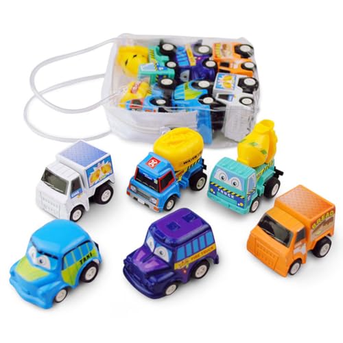 YOBOKO Lernradspielzeug Kindergeburtstagsgeschenk für Junge Mädchen Rückfahrrad Fahrrad Fahrzeugspielzeug Kleine Größe Mini Cartoon LKW Baufahrzeug Spielzeug Modell (6 in 1, Pull-Back) von YOBOKO
