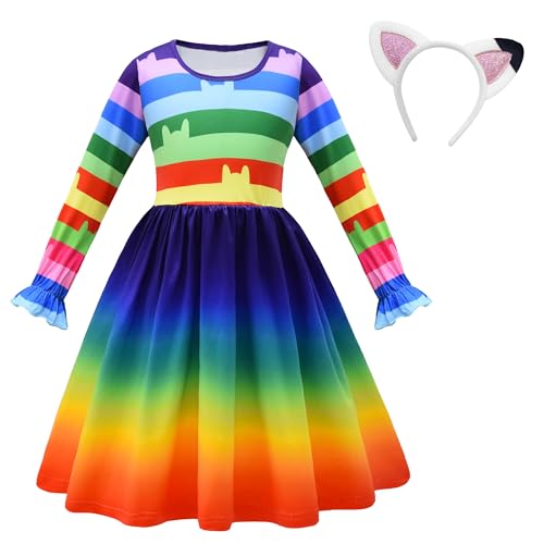 YODISON Katzen-Puppenhaus-Kleid mit Regenbogenstreifen, langärmelig, mit Katzenohren, Haarband, Halloween, Geburtstag und Weihnachten (110 cm / 3–4 Jahre) von YODISON