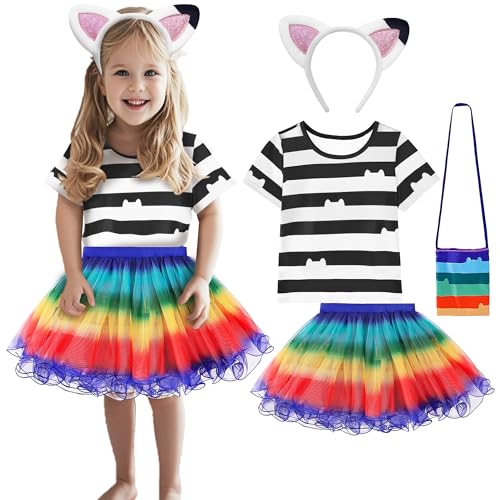 YODISON Katzenpuppenhaus-Kostüm für Mädchen, gestreiftes Hemd und Regenbogen-Tutu, Stirnband und Tasche, Halloween-Geburtstagsfeier Kostüm (5-6T) von YODISON