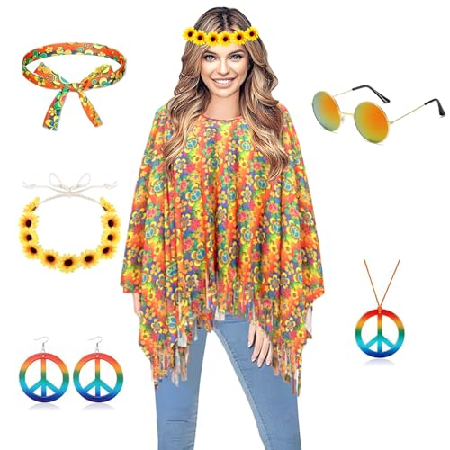 YODITI Hippie Kostüm Damen Set: Hippie Poncho Damen Set mit 60er 70er Jahre Hippie Zubehör Karneval Faschingskostüme Damen Hippie Kleidung - Damen Boho Flower Power Bekleidung Frau Mode Disco Outfit YODITI Hippie Kostüm Damen Set: Hippie Poncho Damen Set mit 60er 70er Jahre Hippie Zubehör Karneval Faschingskostüme Damen Hippie Kleidung - Damen Boho Flower Power Bekleidung Frau Mode Disco Outfit von YODITI