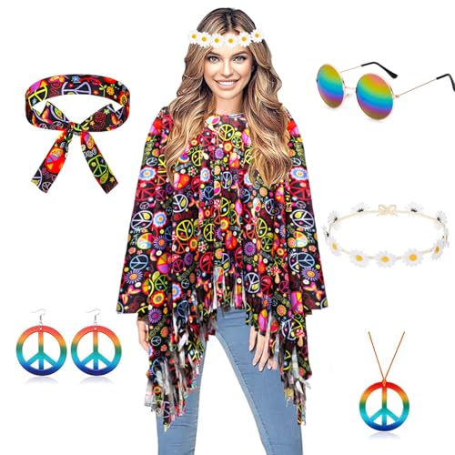 YODITI Hippie Kostüm Damen Set: Hippie Poncho Damen Set mit 60er 70er Jahre Hippie Zubehör Karneval Faschingskostüme Damen Hippie Kleidung - Damen Boho Flower Power Bekleidung Frau Mode Disco Outfit YODITI Hippie Kostüm Damen Set: Hippie Poncho Damen Set mit 60er 70er Jahre Hippie Zubehör Karneval Faschingskostüme Damen Hippie Kleidung - Damen Boho Flower Power Bekleidung Frau Mode Disco Outfit von YODITI