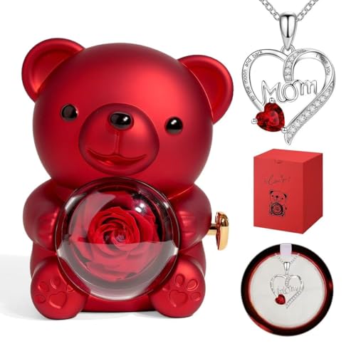 YOERMD Niedlicher Teddybär mit konservierter Rose, Geschenke für Mutter, romantischer Rosenbär Teddy, ewige Blumen mit Mutter, Halskette, Geschenke für Mütter von Tochter und Sohn (rot) von YOERMD