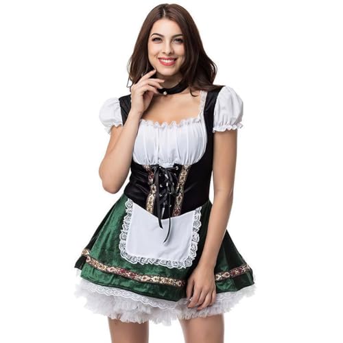 YOFAPA Weiches Samt Kurzes Spitzenkleid Einteiliges Biermädchenkleid Damen Oktoberfest Kostüm Halloween Dienstmädchen Cosplay Outfit von YOFAPA