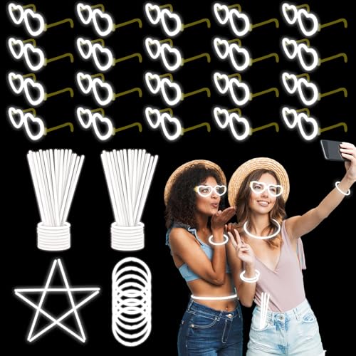YOFOBU 100 Stück weiße Leuchtstäbe mit 20 Leuchtgläsern (für 60 leuchtende Armbänder und 20 Herzgläser), leuchtet im Dunkeln, Partyzubehör, Neon-Party-Dekoration für Weihnachten, Neujahr, Valentinstag von YOFOBU