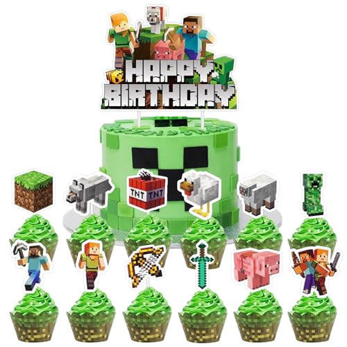 YOGARTH 25 Stück Pixe Tortendeko Jungen, Video Game Kuchen Deko Kindergeburtstag, Cake Topper Set, Happy Birthday Topper für Geburtstag Party Supplies (F) von YOGARTH