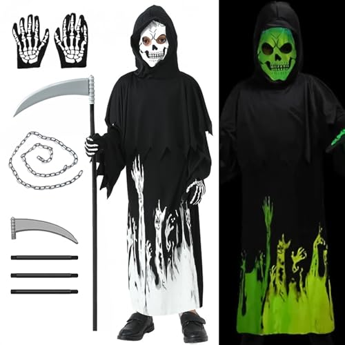 YOGLY Jungen und Mädchen Sensenmann Kostüm mit Zubehör Kinder Gothic Grim Reaper Verkleidung Leuchtendes Skelett Kostüm Weihnachten Geburtstag Party Halloween Karneval Cosplay Verkleiden YOGLY Jungen und Mädchen Sensenmann Kostüm mit Zubehör Kinder Gothic Grim Reaper Verkleidung Leuchtendes Skelett Kostüm Weihnachten Geburtstag Party Halloween Karneval Cosplay Verkleiden von YOGLY