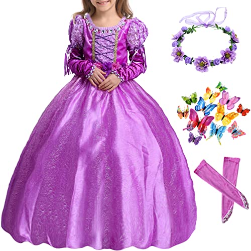 YOGLY Kinder Prinzessin Rapunzel Kostüm Mädchen Karneval Fasching Cosplay Pailletten Spitze Tüll Maxikleid Halloween Geburtstag Party Ankleiden Zeremonie Hochzeit Abendkleider Violett von YOGLY