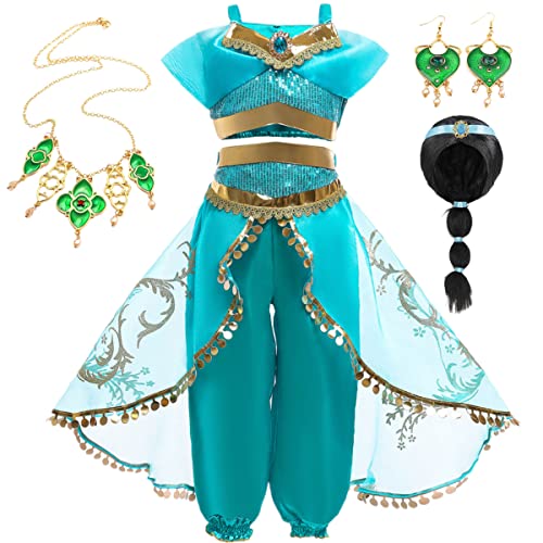 YOGLY Mädchen Prinzessin Jasmin Kostüm Cosplay Halloween Weihnachten Karneval Prinzessin Geburtstag Party Verkleidung Aladdin Tanzen Oberteile und Hosen Kleid mit Perücke Zubehör Kinder 3-9 Jahre von YOGLY