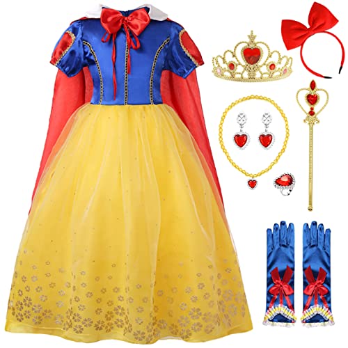 YOGLY Mädchen Schneewittchen Kostüm Cosplay EIN Märchen Snow White Pailletten Maxikleid mit Umhang für Halloween Weihnachten Karneval Prinzessin Geburtstag Party Verkleidung Kinder 1-10 Jahre von YOGLY