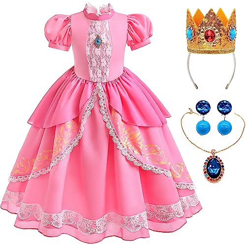 YOGLY Prinzessin Peach Kostüm mit Krone Mädchen Cosplay Prinzessin Pfirsich Rosa Kleid Party Outfits Verkleidung Halloween Weihnachten Karneval Party Fasching Festkleid Alter 3-9 Jahre von YOGLY