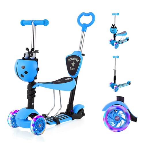 YOLEO 5-in-1 Kinder Roller Scooter mit Abnehmbarer Karikaturkorb Sitz Schubstange LED Große Räder Bequeme Rückenlehne Höheverstellbare Lenker für Kleinkinder Jungen Mädchen ab 2 Jahre (Blau) von YOLEO