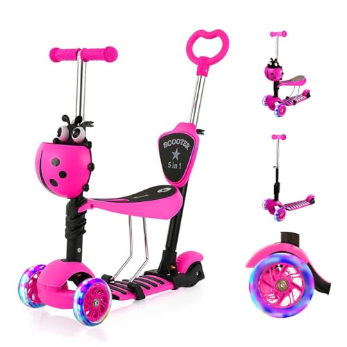YOLEO 5-in-1 Kinder Roller Scooter mit Abnehmbarer Karikaturkorb Sitz Schubstange LED Große Räder Bequeme Rückenlehne Höheverstellbare Lenker für Kleinkinder Jungen Mädchen ab 2 Jahre (Rosa) von YOLEO