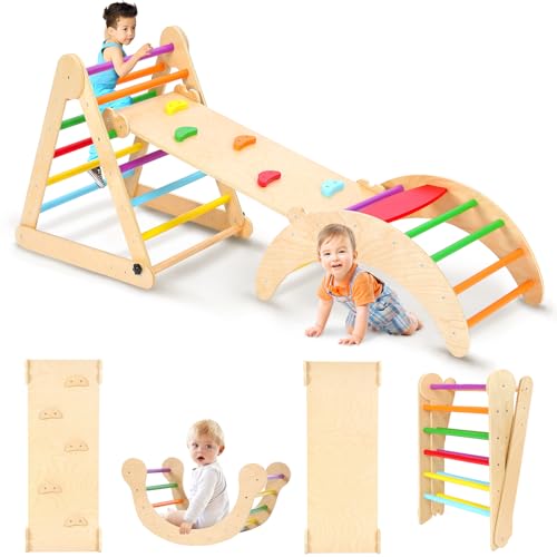 YOLEO Klettergerüst Indoor, 3-in-1 Montessori kletterdreieck mit Rutsche, Kletterbogen, Stabilem Baby-Klettergerüst und Kletterdreieck ab 1 Jahr Regenbogen, Kletterbogen mit Rutsche für Kinder, Holz von YOLEO