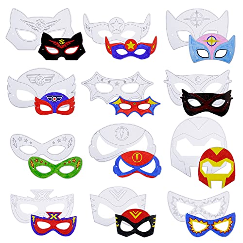 YOLOUP 24 Stück Blanko Superhelden Bemalen Masken Superhero Maske zum Ausmalen Super Helden Cosplay Halbmasken mit Pinsel & Gummiband für Kinder Geburtstag Karneval Halloween Geschenk (12 Stil) von YOLOUP