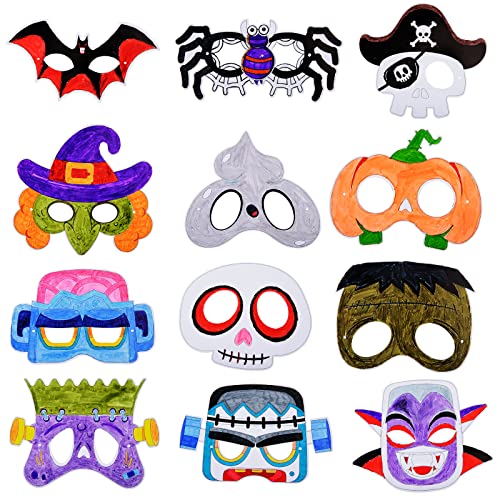 BIGKASI 24 Stück Halloween Maske zum Ausmalen Kinder Halloween Party Masken Hexe Kürbis Schläger Spinne Maske mit Pinsel & Gummiband fürJunge Mädchen Halloween Geschenk Cosplay Kostüm von BIGKASI