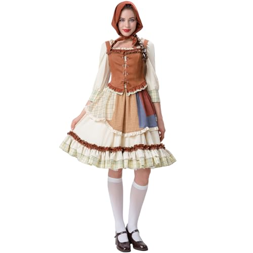 YOMORIO Dirndl Damen Oktoberfest Kleid mit Mittelalter Kapuzenumhang Vintage Trachtenkleid mit Schürze Traditionelles Märchen Kostüm Outfit YOMORIO Dirndl Damen Oktoberfest Kleid mit Mittelalter Kapuzenumhang Vintage Trachtenkleid mit Schürze Traditionelles Märchen Kostüm Outfit von YOMORIO