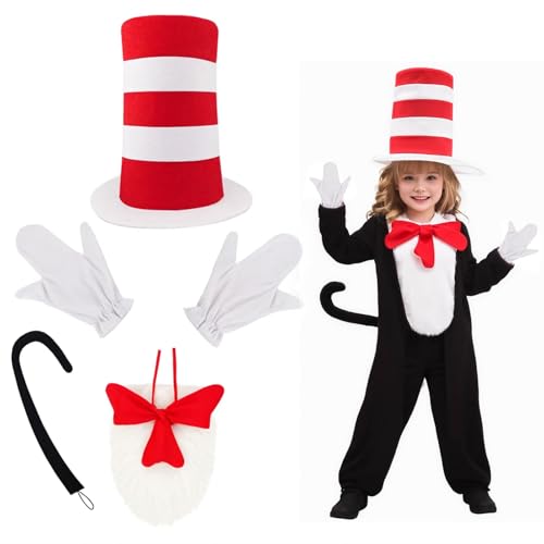 YONEEKSS 5-teiliges Katzenkostüm-Set beinhaltet Zylinderhut, rot gestreifter Hut, weiße Handschuhe, weißer pelziger Stoff, rote Schleife und Schwanz, Halloween-Cosplay-Kostüm-Zubehör für Kinder und YONEEKSS 5-teiliges Katzenkostüm-Set beinhaltet Zylinderhut, rot gestreifter Hut, weiße Handschuhe, weißer pelziger Stoff, rote Schleife und Schwanz, Halloween-Cosplay-Kostüm-Zubehör für Kinder und von YONEEKSS