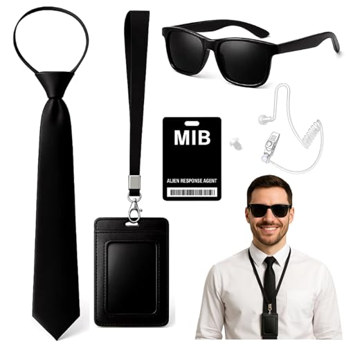 YONEEKSS Agenten-Kostüm-Zubehör, Geheimdienst-Kostüm-Set, Spionage-Sicherheitswächter-Outfit-Set mit schwarzer Sonnenbrille, Reißverschluss, Ohrhörer, Ausweis und Kartenhalter für Männer und Frauen von YONEEKSS