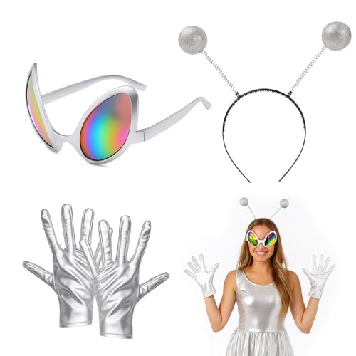 YONEEKSS Alien-Kostüm-Zubehör-Set, silberfarbenes Alien-Stirnband, Handschuhe und Brille für Halloween, Weihnachten, Maskerade, Party, Alien, Cosplay, 3-teilig YONEEKSS Alien-Kostüm-Zubehör-Set, silberfarbenes Alien-Stirnband, Handschuhe und Brille für Halloween, Weihnachten, Maskerade, Party, Alien, Cosplay, 3-teilig von YONEEKSS