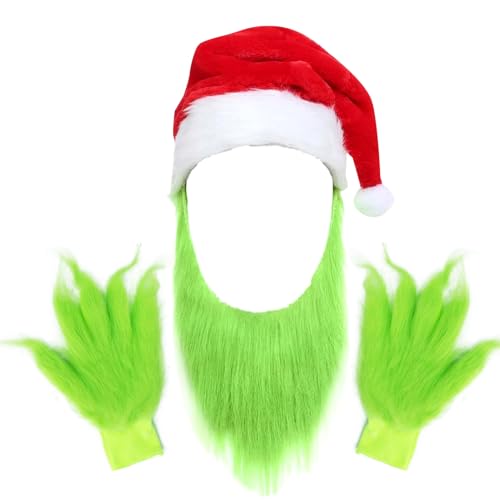 YONEEKSS Grünes Monster-Kostüm-Zubehör, Grinch pelzige Handhandschuhe, Bart und Weihnachtsmannmütze für Erwachsene, Halloween, Weihnachten, Cosplay, Party, Kostüm-Requisiten YONEEKSS Grünes Monster-Kostüm-Zubehör, Grinch pelzige Handhandschuhe, Bart und Weihnachtsmannmütze für Erwachsene, Halloween, Weihnachten, Cosplay, Party, Kostüm-Requisiten von YONEEKSS