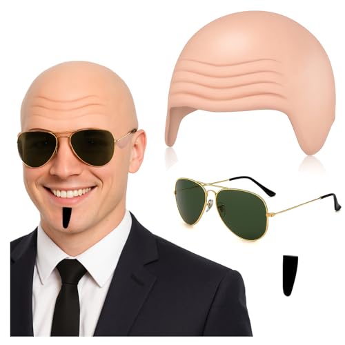 YONEEKSS Kopfhautkappen-Set, Cosplay-Zubehör, Nackte Glatzenhaube, schwarze Sonnenbrille, kleines Stück schwarzer Kunstbart, Kostümzubehör-Set für Erwachsene, Männer, Frauen, Halloween YONEEKSS Kopfhautkappen-Set, Cosplay-Zubehör, Nackte Glatzenhaube, schwarze Sonnenbrille, kleines Stück schwarzer Kunstbart, Kostümzubehör-Set für Erwachsene, Männer, Frauen, Halloween von YONEEKSS