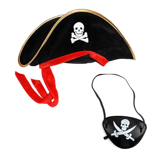 YONEEKSS Piraten-Zubehör, Kapitän-Piratenhut und Augenklappe, Kapitän-Kostüm, Kappe, Halloween, Maskerade, Party, Rollenspiel, Kosmetik-Zubehör für Kinder und Erwachsene, 2 Stück von YONEEKSS