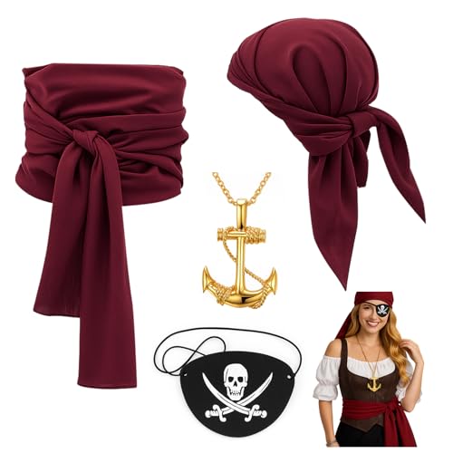 YONEEKSS Piratenkostüm-Zubehör, Vintage-Kapitän, Bandana, Schärpe, Gürtel, Augenklappe, Anker-Anhängerkette für Damen und Herren, Renaissance-Piratenkapitänd-Kostüm, Halloween, Cosplay, Party, 4 Stück von YONEEKSS