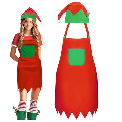 YONEEKSS Weihnachtselfenschürze und Elfenmütze Set, Xmas Elf Kostüme Set für Elfen Verkleidung Outfits Weihnachten Verkleidung Weihnachtskostüm Erwachsene (Rot) von YONEEKSS