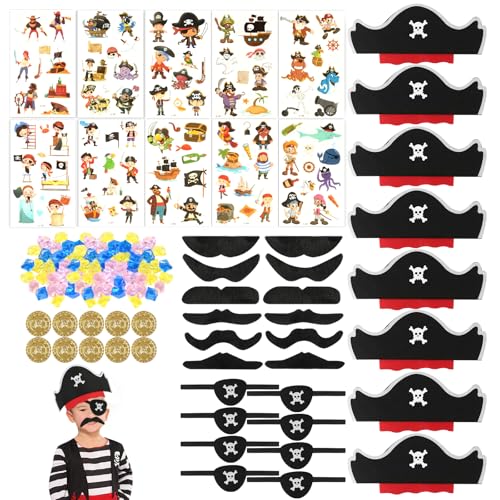 YONGQING Piraten Deko Kindergeburtstag Set, 8 Piratenhut Kinder, 8 Augenklappe Pirat(mit Aufkleber, Piratenbart, Edelsteine, Goldmünzen), Piratenhut Verzierungen für Kindergeschenke, Kostüm Party von YONGQING