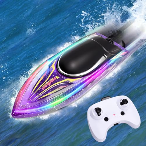 YOOHBERRYS Ferngesteuertes Boot, Rc Boot für Kinder Outdoor mit DREI Mode LED-Licht, 2.4-GHz Rennboote mit 2 Batterien und Fernsteuerung, 10KM/H RC Spielzeugboot für Meere, Pools und Seen (Purple) von YOOHBERRYS
