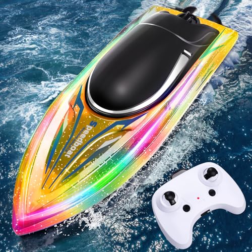 YOOHBERRYS Ferngesteuertes Boot, Rc Boot für Kinder Outdoor mit DREI Mode LED-Licht, 2.4-GHz Rennboote mit 2 Batterien und Fernsteuerung, 10KM/H RC Spielzeugboot für Meere, Pools und Seen (Yellow) von YOOHBERRYS
