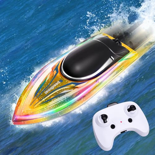 YOOHBERRYS Ferngesteuertes Boot, Rc Boot für Kinder Outdoor mit DREI Mode LED-Licht, 2.4-GHz Rennboote mit 2 Batterien und Fernsteuerung, 10KM/H RC Spielzeugboot für Meere, Pools und Seen (Yellow) von YOOHBERRYS
