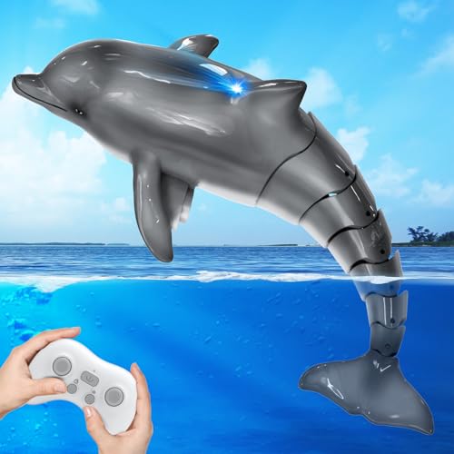 YOOHBERRYS Ferngesteuertes Hai Delfin Spielzeug, 2.4GHz Ferngesteuertes Boot mit Lichtern, RC Boot Delphin Pool Wasserspielzeug, Uboot Poolspielzeug für 6+ Jahre Jungen Mädchen (Grey) von YOOHBERRYS