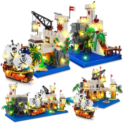 YOOHBERRYS Piraten Burg Bauspielzeug, 3 Modi Piratenhafen Baustein mit Licht, 2461 Stück Piratenschiff Bausteine mit Ritterburg, Piraten Spielzeug für Erwachsene und Kinder 14+ Jahre von YOOHBERRYS