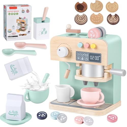 YOOHBERRYS Kaffeemaschine Holz Kinder, Kinderküche Kaffeemaschine mit Mühle, 22 Teile Spielküche Zubehör Kaffeeservice Spielset, Pädagogisches Holzspielzeug für Jungen und Mädchen ab 3 Jahre von YOOHBERRYS