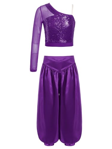 YOOJIA 2Pcs Kinder Mädchen Bauchtanz Kostüm Langarm Pailletten Crop Top mit Weitem Bein Hose Fasching Karneval Halloween Outfits Violett 170 von YOOJIA