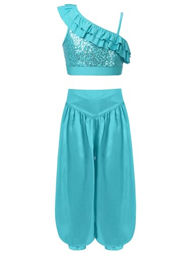 YOOJIA 2Pcs Kinder Mädchen Bauchtanz Kostüm Pailletten Asymmetrische Schulterriemen Crop Top mit Hose Fasching Karneval Outfit Blau 146-152 YOOJIA 2Pcs Kinder Mädchen Bauchtanz Kostüm Pailletten Asymmetrische Schulterriemen Crop Top mit Hose Fasching Karneval Outfit Blau 146-152 von YOOJIA