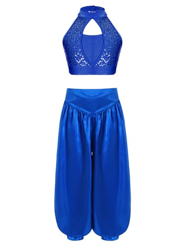 YOOJIA 2Pcs Kinder Mädchen Bauchtanz Kostüm Pailletten Patchwork Crop Top mit Hose Fasching Karneval Halloween Party Kleid Outfits Blau 170 von YOOJIA