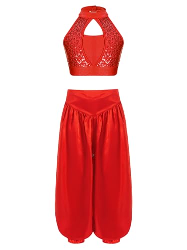 YOOJIA 2Pcs Kinder Mädchen Bauchtanz Kostüm Pailletten Patchwork Crop Top mit Hose Fasching Karneval Halloween Party Kleid Outfits Rot 170 von YOOJIA