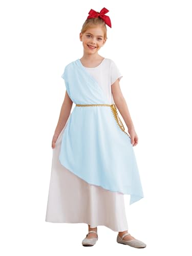 YOOJIA Antik Griechische Göttin Kostüm Kleinkind Mädchen Kleid Antik Kostüm Römische Toga Griechisch Halloween Karneval Party 5-16 Jahre Hellblau 122-128 von YOOJIA