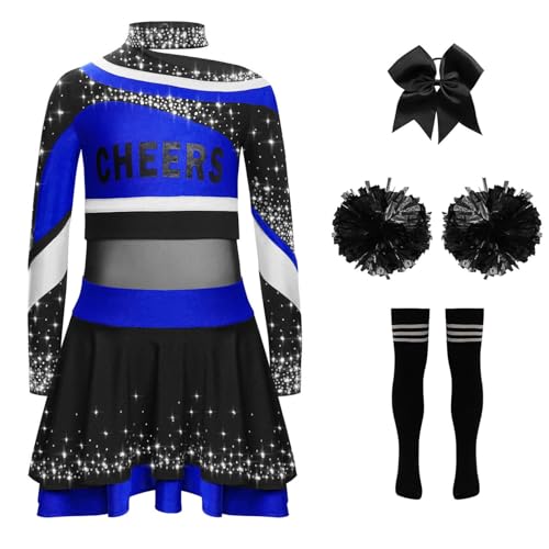YOOJIA Cheer Leader Kostüm Kinder Mädchen Cheerleading Uniform Set 5 Teile Cheerleading Kleid mit Pompons Haarband und Socken Cosplay Karneval Halloween Blau Schwarz 158-164 von YOOJIA