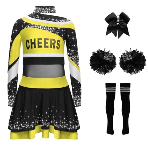 YOOJIA Cheer Leader Kostüm Kinder Mädchen Cheerleading Uniform Set 5 Teile Cheerleading Kleid mit Pompons Haarband und Socken Cosplay Karneval Halloween Gelb Schwarz 158-164 von YOOJIA