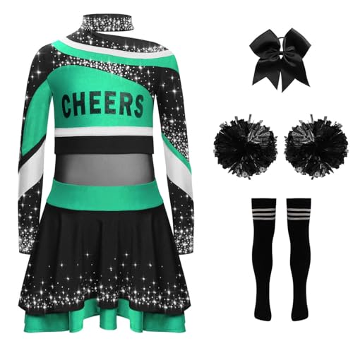 YOOJIA Cheer Leader Kostüm Kinder Mädchen Cheerleading Uniform Set 5 Teile Cheerleading Kleid mit Pompons Haarband und Socken Cosplay Karneval Halloween Grün Schwarz 110-116 von YOOJIA