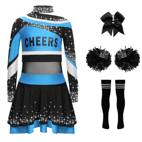 YOOJIA Cheer Leader Kostüm Kinder Mädchen Cheerleading Uniform Set 5 Teile Cheerleading Kleid mit Pompons Haarband und Socken Cosplay Karneval Halloween Hellblau Schwarz 146-152 von YOOJIA
