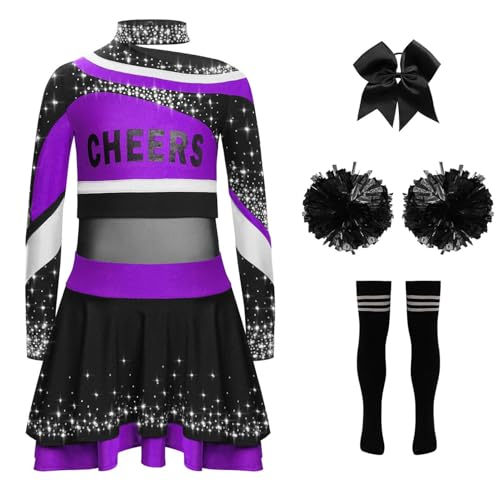 YOOJIA Cheer Leader Kostüm Kinder Mädchen Cheerleading Uniform Set 5 Teile Cheerleading Kleid mit Pompons Haarband und Socken Cosplay Karneval Halloween Lila Schwarz 158-164 von YOOJIA
