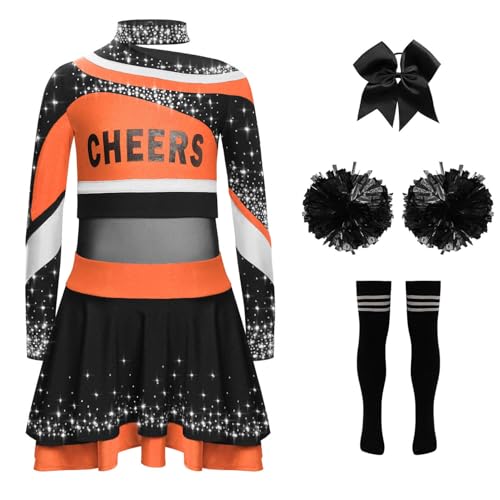 YOOJIA Cheer Leader Kostüm Kinder Mädchen Cheerleading Uniform Set 5 Teile Cheerleading Kleid mit Pompons Haarband und Socken Cosplay Karneval Halloween Orange Schwarz 146-152 von YOOJIA