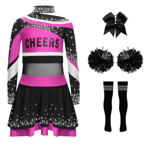 YOOJIA Cheer Leader Kostüm Kinder Mädchen Cheerleading Uniform Set 5 Teile Cheerleading Kleid mit Pompons Haarband und Socken Cosplay Karneval Halloween Pink Schwarz 158-164 von YOOJIA