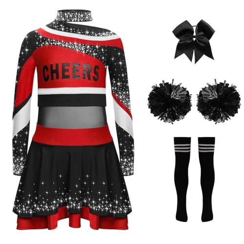 YOOJIA Cheer Leader Kostüm Kinder Mädchen Cheerleading Uniform Set 5 Teile Cheerleading Kleid mit Pompons Haarband und Socken Cosplay Karneval Halloween rot schwarz 146-152 von YOOJIA